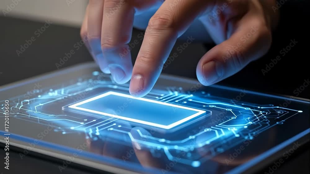 Poster ai unlock futuristic technology - close-up of a hand pressing an ai unlock button on a futuristic ta