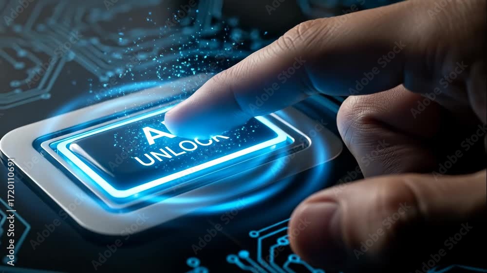 Poster ai unlock futuristic technology button - a close-up shot of a hand pressing a glowing blue 