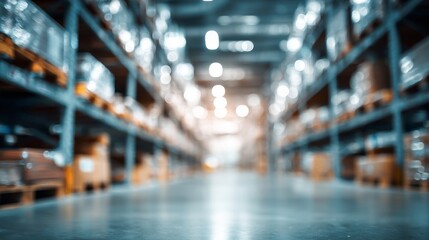 An abstract depiction of a warehouse interior with blurred shelves and pallets, representing logistics, distribution, and inventory management, emphasizing the organization and flow within a busy