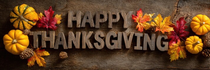 Happy Thanksgiving text on wooden background with pumpkins, cones, yellow and red autumn maple leaves. Autumn harvest background. Wide panoramic card image