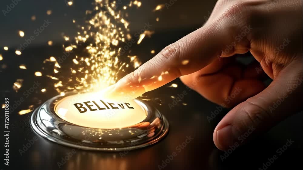 Poster hand pressing believe button with glowing aura - a close-up shot of a hand pressing a button that re