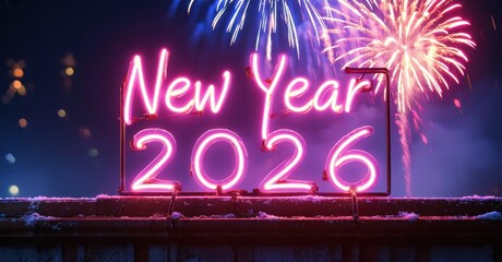 Fototapeta premium Bright neon sign displays New Year 2026. Fireworks illuminate dark night sky. Festive celebration imagery evokes joy, hope.