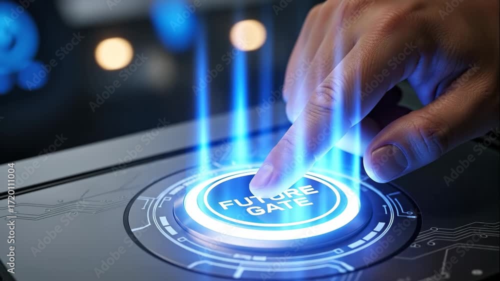 Poster hand pressing futuristic glowing button - a close-up shot of a hand pressing a glowing blue button l
