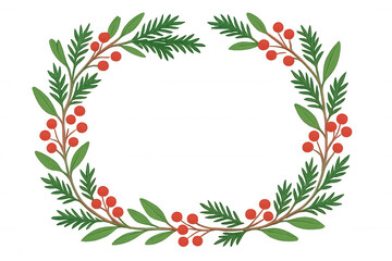 Illustrating a festive christmas wreath border with pine branches and red berries, perfect for holiday season designs