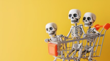 Three skeletons joyfully ride in a shopping cart against a bright yellow background, creating a whimsical and fun atmosphere.