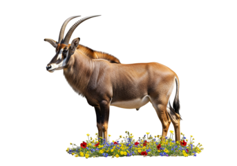 A magnificent antelope stands amidst a vibrant array of wildflowers, its rich brown coat and distinctive horns creating a striking silhouette against a black backdrop.