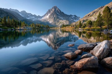Naklejka premium Serene Mountain Lake Reflecting Majestic Peaks at Sunrise