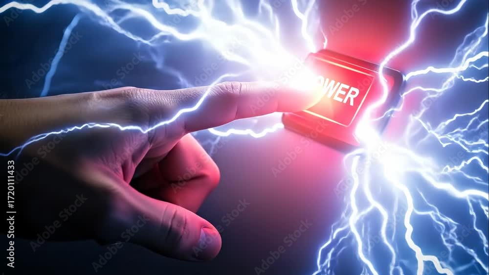 Poster hand pressing glowing power button with lightning - a close-up shot of a hand about to press a glowi