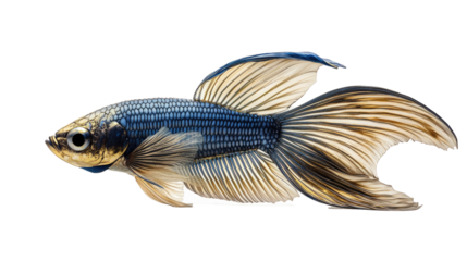 A photorealistic betta fish in motion, long flowing fins in metallic blue and gold, isolated against a white background png
