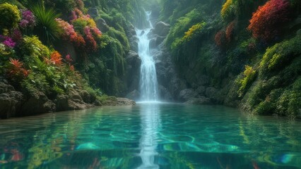 Discover serene tropical paradise with vibrant flora cascading down lush cliffs into crystal clear turquoise waters creating a tranquil oasis.