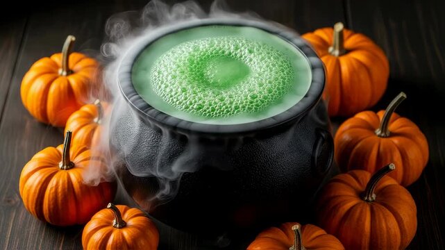 Halloween witch cauldron with bubbling green potion and pumpkins on a table, spooky holiday concept animation