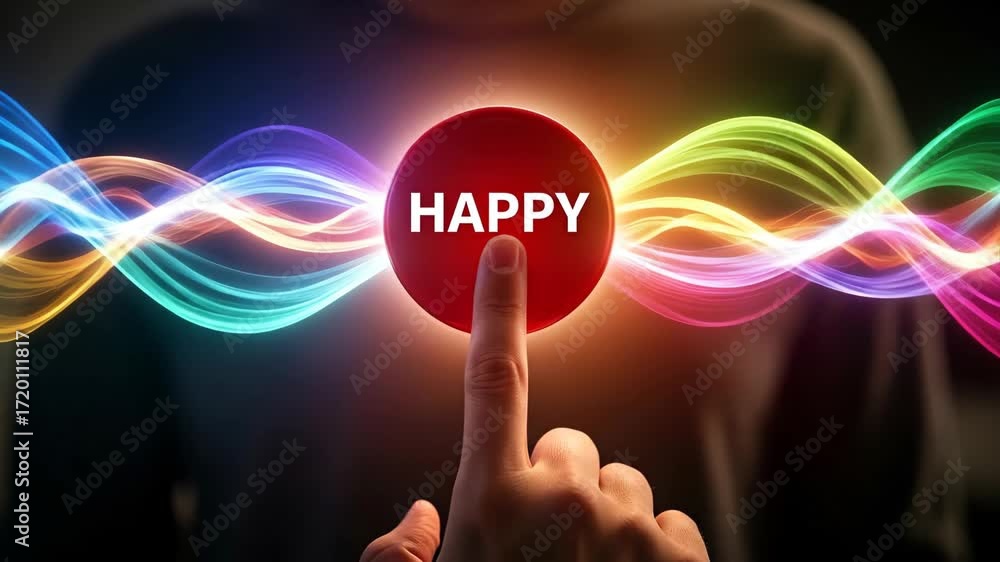 Poster hand pressing happy button with colorful glowing waves - a finger presses a red button labeled 