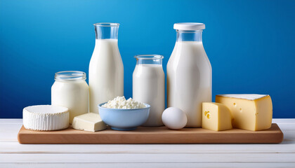 Dairy Products On White Wood Base And Blue Background