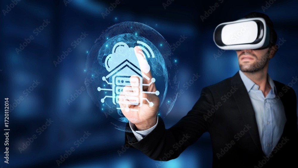 Poster a professional man engages with a virtual reality headset, interacting with a digital smart home int