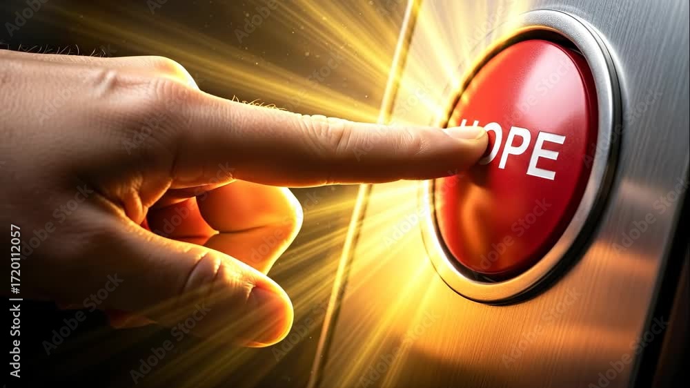 Poster hand pressing hope button with glowing light - a close-up shot of a hand pressing a red button that 