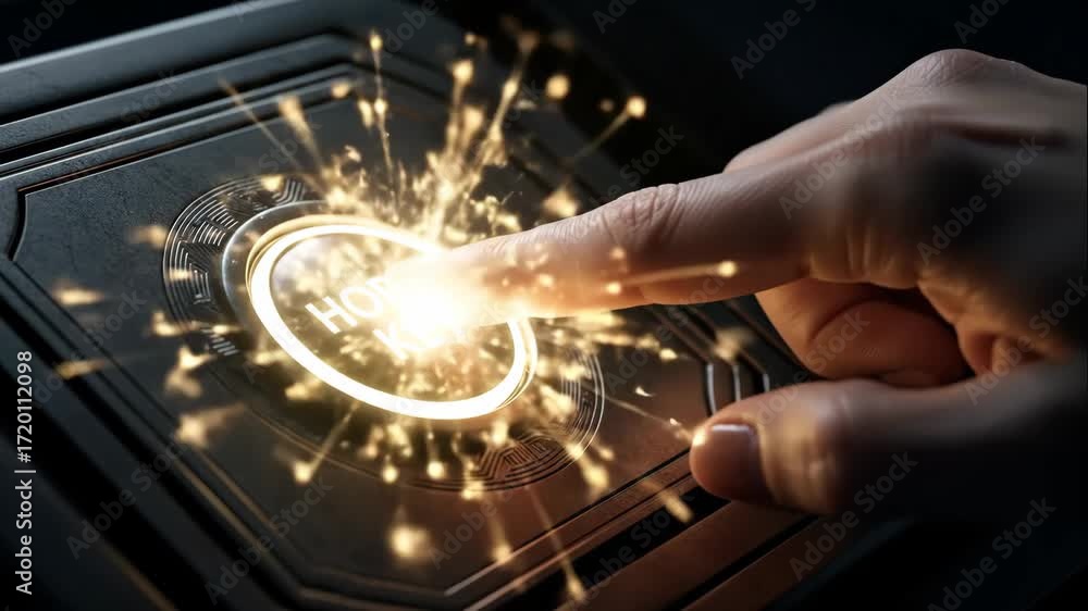 Poster hand pressing glowing hope key button - a close-up shot of a hand pressing a glowing button inscribe