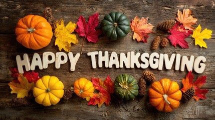 Happy Thanksgiving text on wooden background with pumpkins, cones and yellow and red autumn maple leaves. Autumn harvest background