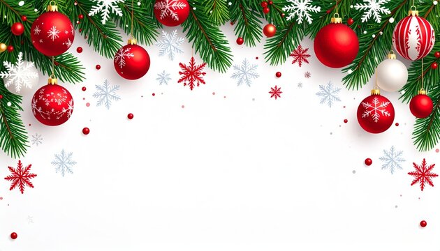 Festive Christmas background with red and white ornaments, snowflakes, and pine branches on white backdrop