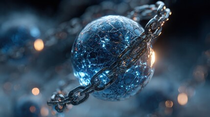 fractured blue sphere chained metal