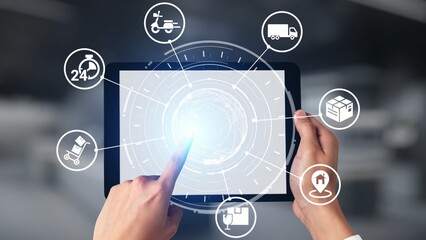 Goods delivery tracking icons show shipping, goods delivery routes, and logistics monitoring. Goods delivery tracking ensures timely goods delivery, secure handling, and accurate tracking. Gist