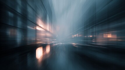 Modern abstract urban environment with motion blur, dark blue color palette, and shining lights, created to evoke themes of technological innovation, digital evolution, smart cities, and futuristic