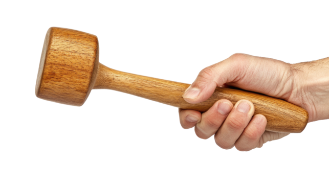 a human hand holding a wooden pestle or small mallet, close-up, isolated on white background,  png