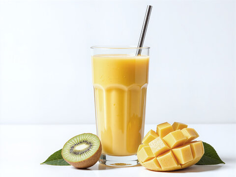 A tall glass with vibrant kiwi-mango juice and metal straw highlights a modern, healthy lifestyle.