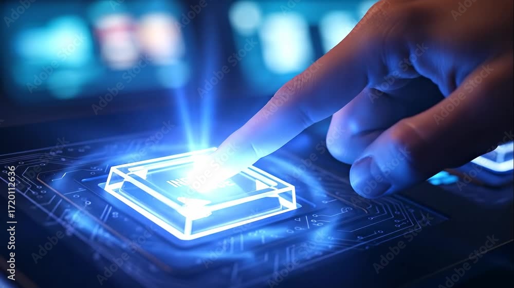 Poster activating infinity mode on futuristic interface - a close-up shot of a hand pressing a glowing 