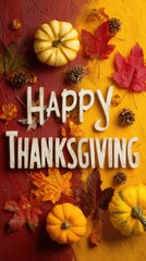Happy Thanksgiving text on yellow background with pumpkins, pine cones and red autumn maple leaves. Vertical holiday card