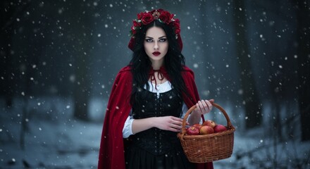Dark fairytale woman in red cloak holding apples