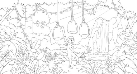Jungle Boy and Hanging Sack Race Coloring Page
