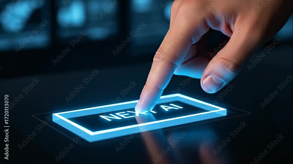 Poster hand pressing next ai button - a close-up shot of a hand pressing a glowing neon blue 