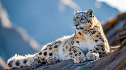 Obraz premium Majestic snow leopard resting on rocky outcrop bathed in warm sunlight, gazing alertly into the distance with piercing eyes.