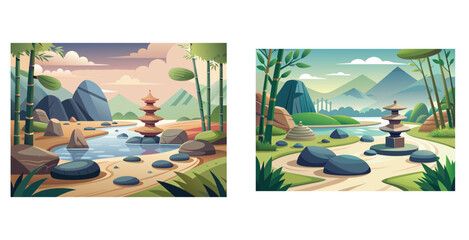 Harmonious zen landscape featuring raked sand smooth stones and carefully placed greenery vector art design