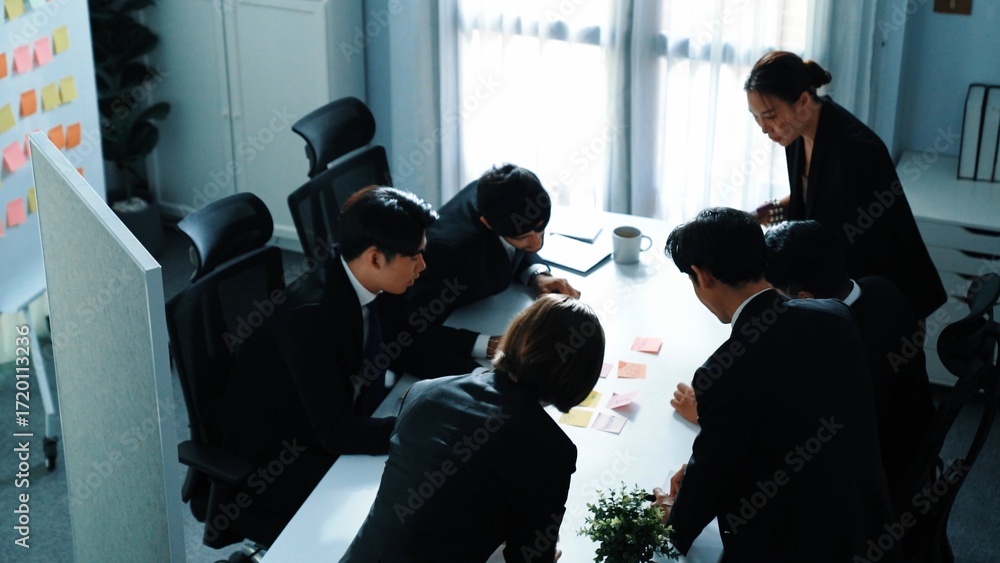 Poster top view of business people brainstorm idea by using sticky notes while planning marketing strategy 