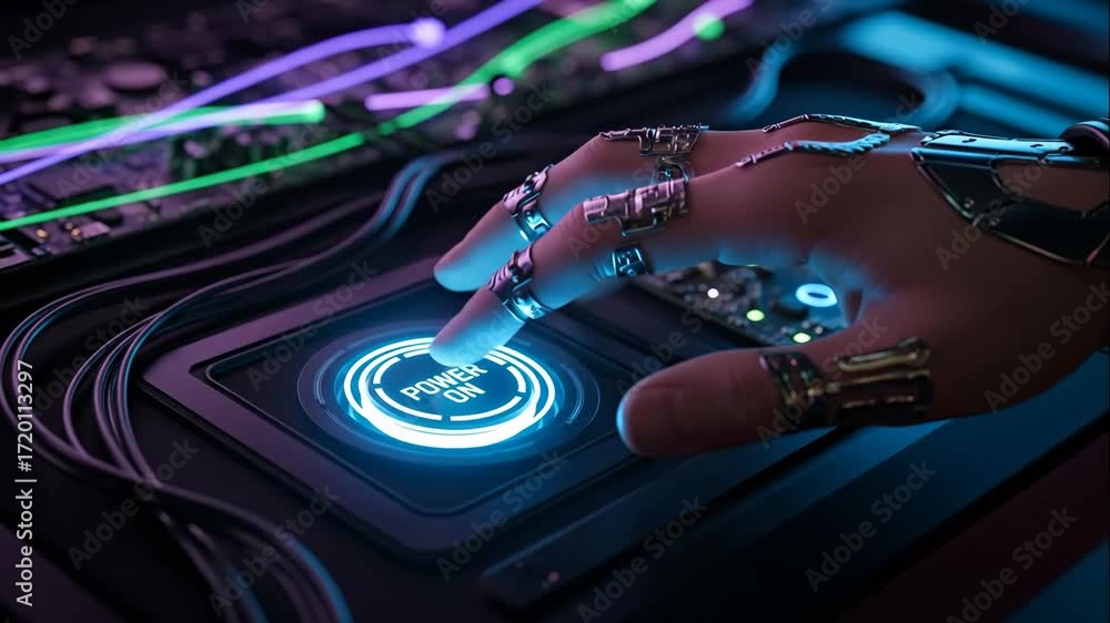 Poster cyberpunk hand pressing power on button - a futuristic robotic hand adorned with metallic rings pres