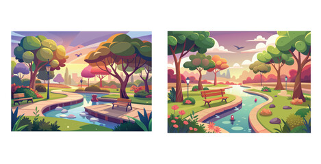 Peaceful park scene bathed in soft warm sunlight with lush trees and gentle pathways vector art design