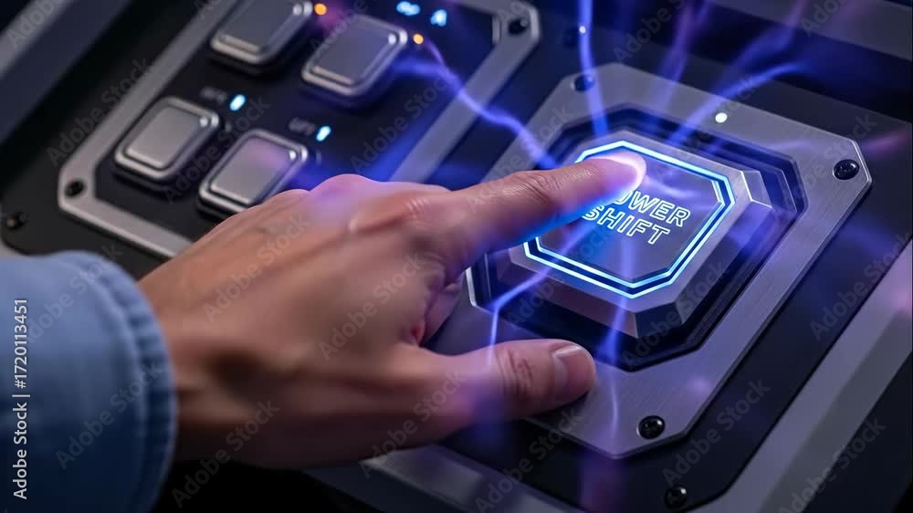 Poster hand pressing futuristic power shift button - close-up of a hand activating a glowing, metallic powe