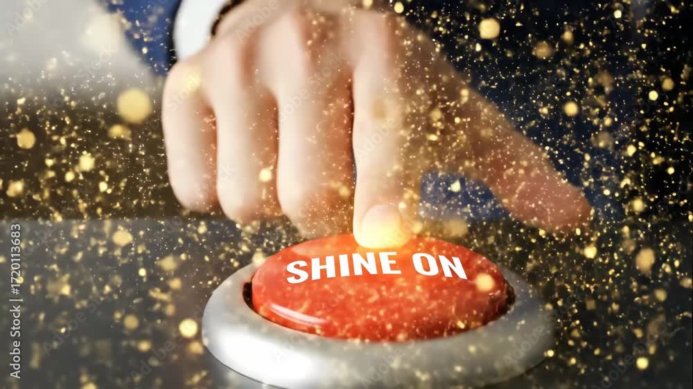 Aufkleber shine on button press - a hand presses a red button that reads 