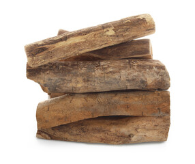 Pile of cut firewood isolated on white
