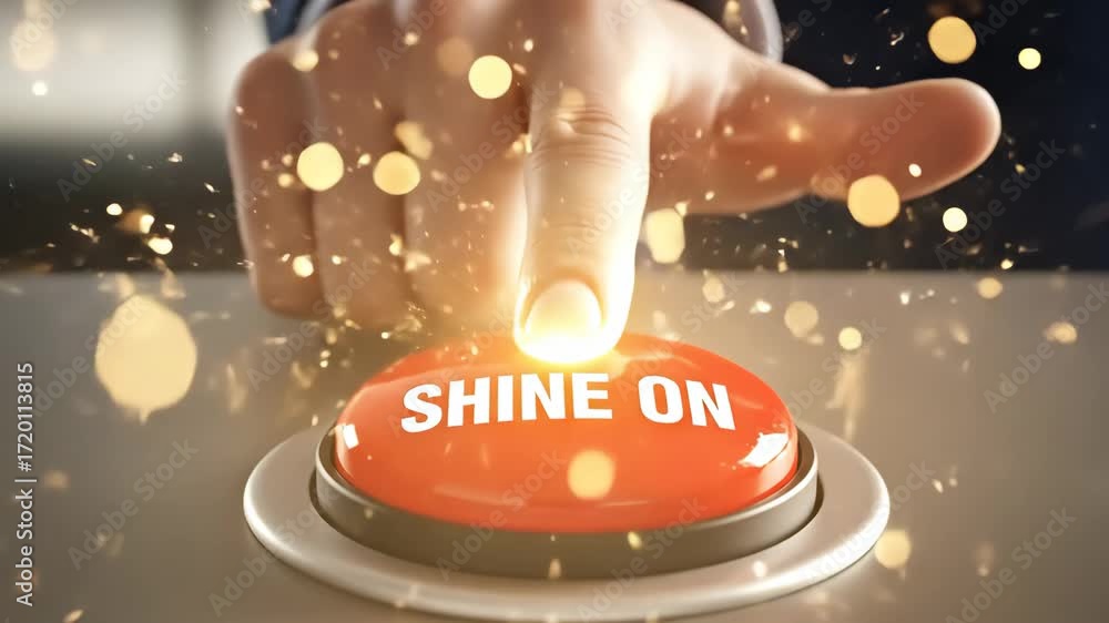 Poster shine on button press with sparkling effect - a hand presses a large, illuminated button that reads 