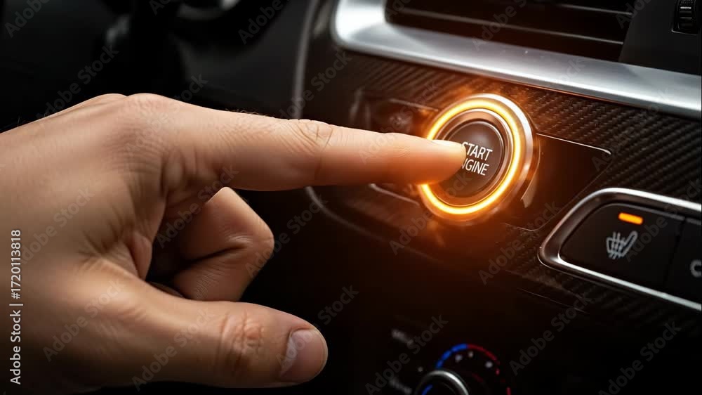 Poster hand pressing car engine start button with energy spark - close-up shot of a hand pressing the start
