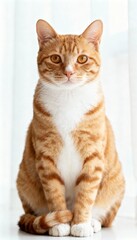 Obraz premium Close-up portrait of a ginger tabby cat with white markings against a soft white background.