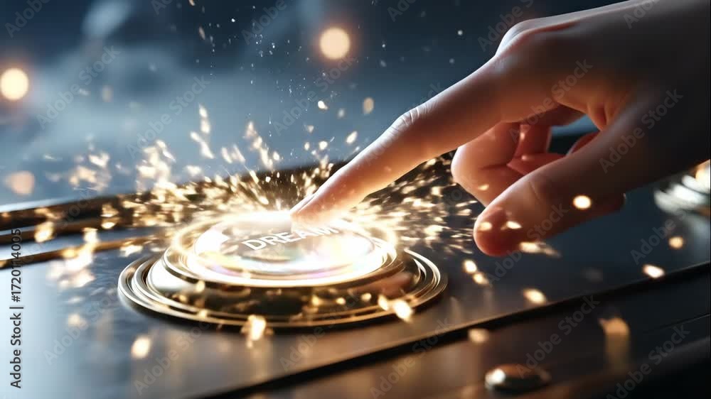Poster hand pressing dream button with sparkling light - a hand presses a glowing button labeled 