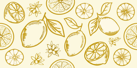 Seamless pattern of hand drawn lemons and citrus slices with leaves and flowers in golden yellow outline on a cream background