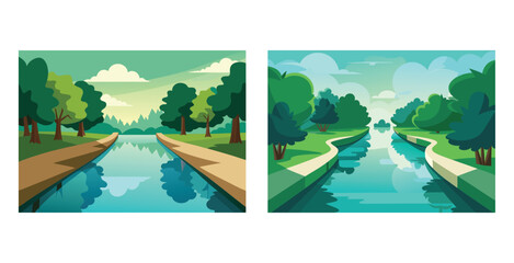 Tranquil waterway gently winding through lush greenery and vibrant landscapes vector art design