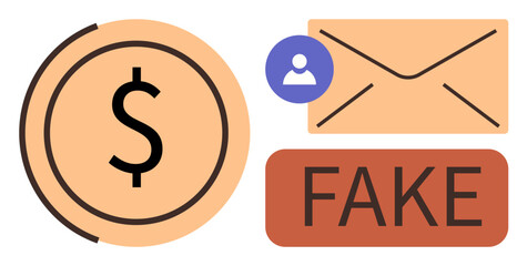 Money symbol, user profile icon, email, and FAKE label warn against financial scams, phishing, and identity theft. Ideal for cybersecurity, fraud awareness, online safety risk management digital