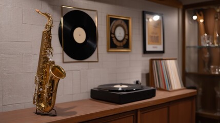 Retro 1940s Jazz Club Room Decor with Saxophone and Vinyl Records