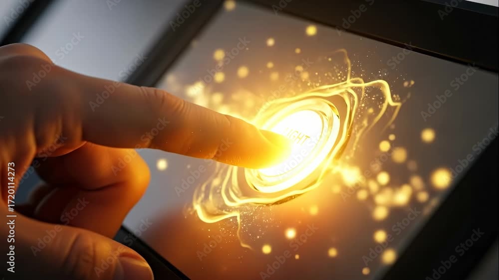 Poster hand pressing illuminated light button - a finger presses a glowing 