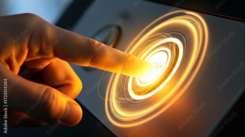 Poster hand pressing illuminated light button - close-up of a fingertip pressing a glowing 